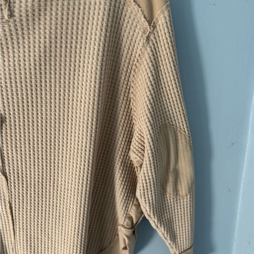 Beige Waffle Knit Sweater with Elbow Patches
